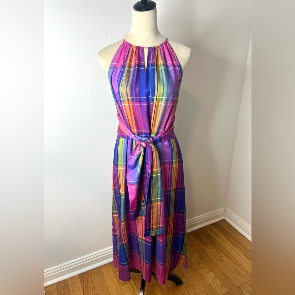 Ann Taylor Dress Madras Plaid Sleeveless Halter Tie Front Belt SZ 4 NWOT - Picture 2 of 9